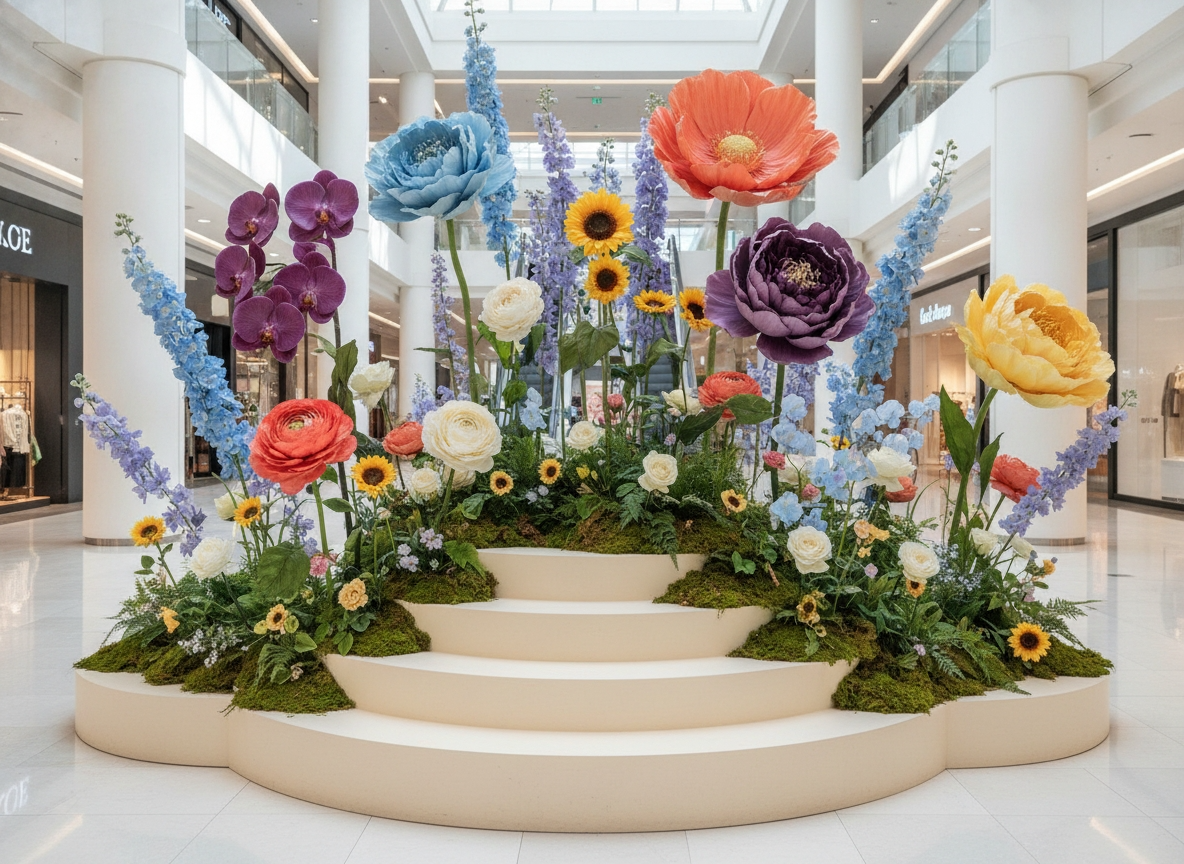 Giant flower photography photo zone installed inside a cafe